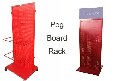 China Red Peg Board Metal Floor Display Stands With Doulbe Sides Easy Moving for sale
