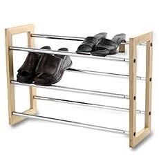 China Wooden Frame Shoes Home Display Rack With 3 Layers Expand Iron Chrome Tube for sale