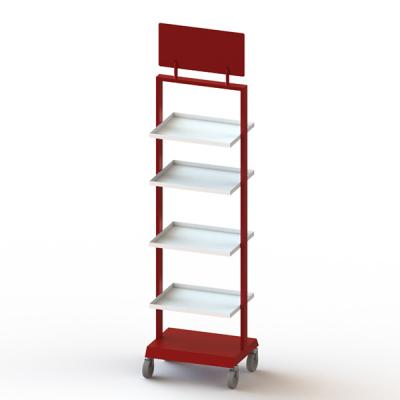 China Movable 4 Layer Metal Plate Display Racks With Casters for sale