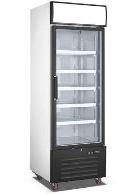 China Fan Cooling Upright Glass Door Freezer With Inner Vertical LED Lights for sale