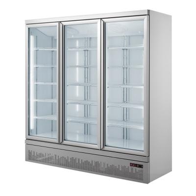 China Ventilated Upright Glass Door Freezer With 3 Doors And Self Contained Compressor for sale
