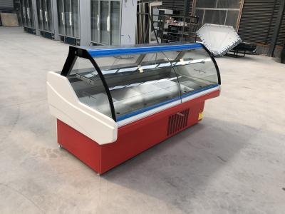 China IEC Curved Glass Front Butcher Display Counter With Stainless Steel Inner Plate for sale