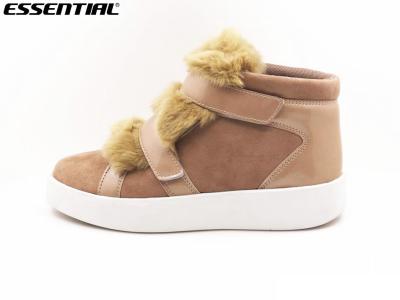 China Warm Taupe Cow Suede Boots / Ladies Casual Boots Two Velcro Big Fur Piece for sale