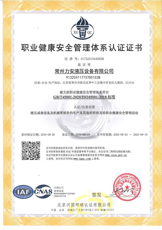 Occupational Health & Safety Management System Certificate - FLUTEC HYDRAULICS (CHANGZHOU) CO., LTD.