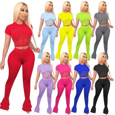 China Sexy Ladies Jogging Suits Short Sleeve Wide Leg Bell Bottom Flare Pants for sale