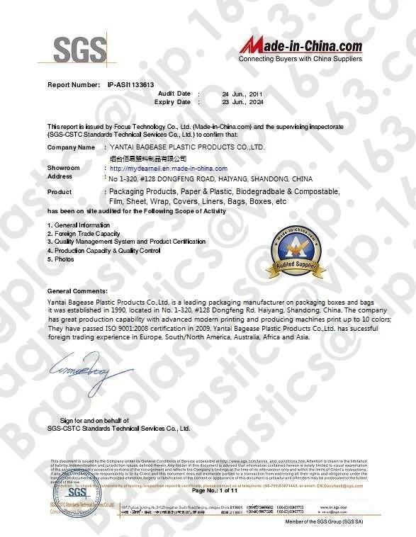 SGS AUDIT CERTIFICATE - YANTAI BAGEASE PRODUCTS SUPPLIES MANUFACTURING CO.,LTD.