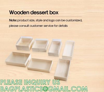 China Wooden Food Packaging Box Cake Dessert Container With Plastic Cover, Take Out Pastry Cake Lunch Sushi Tray for sale