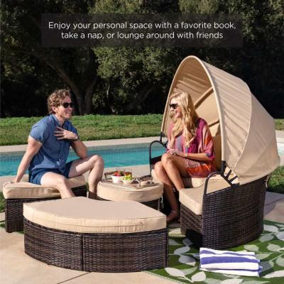 China Modern Hotel Outdoor Furniture Patio Rattan Round Flip Top Daybed With Canopy Cushion For Backyard Porch for sale