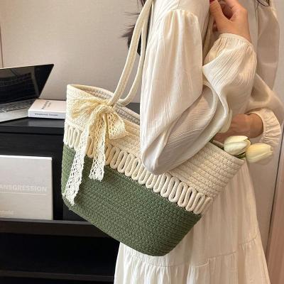 China Straw Tote Bag for Women Handwoven Cotton Straw Shoulder Bag Crochet Tassel Beach Bohemian Purse for Women for sale