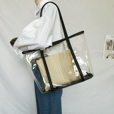 China Transparent Bag Women New Trendy Summer Plastic Handbag Single Shoulder Mother Bag Beach Bag Linen Tote Extra Large for sale
