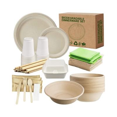 China Biodegradables Disposable Biodegradable Bagasse Sugarcane Paper Plates And Cups Tableware Dinnerware Set for sale