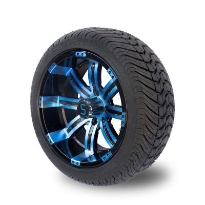 China 225/30-14 DOT 14 Inch Golf Cart Wheel And Tire Combo Blue / Glossy Black Wheels 101.6 PCD for sale