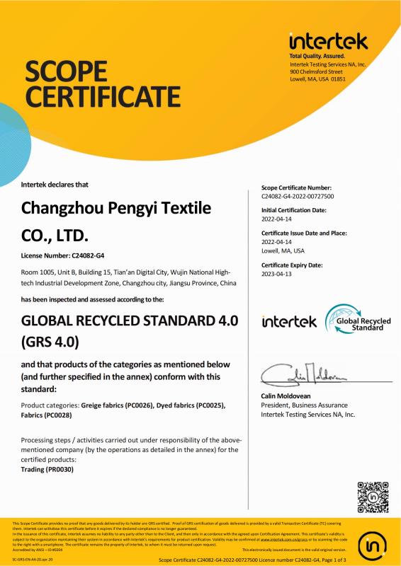  - Changzhou Pengyi Textile Co., Ltd.