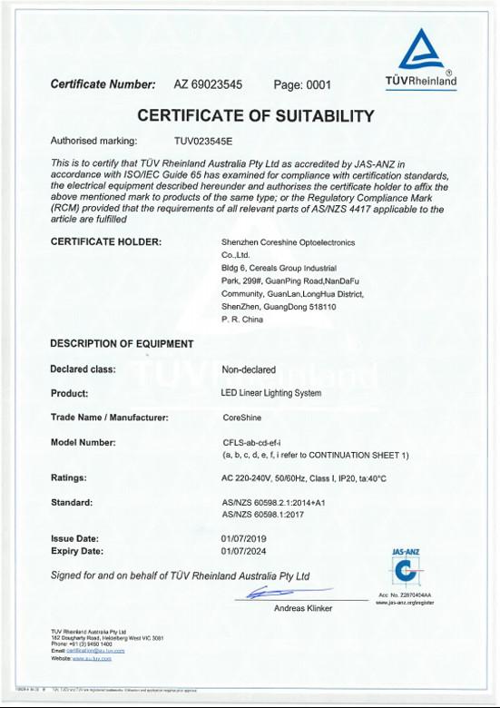 TUV-澳洲安全 - Shenzhen Coreshine Optoelectronics Co.,Ltd