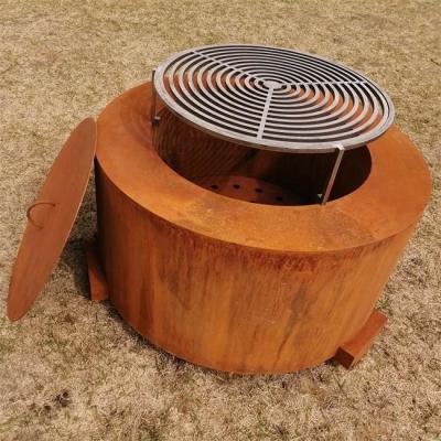 China Round Outdoor Corten Steel Wood Burning Fire Table Grill for Camping Cooking BBQ for sale