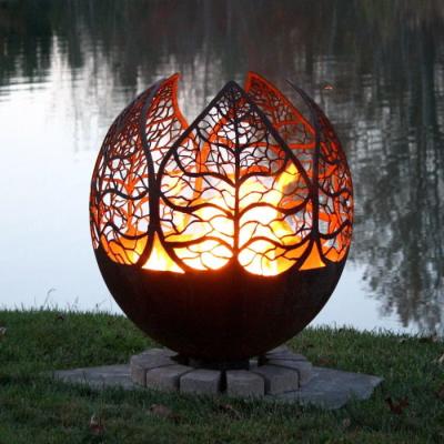 China Autumn Sunset Leaf Weathering Steel Globe Sphere Fire Pit With Ash Tray for sale