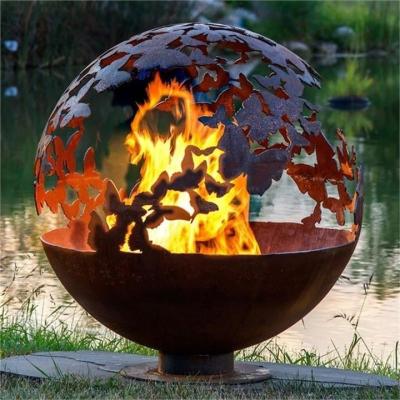 China 80cm Dia Butterfly Theme Corten Steel Ball Shaped Fire Pit For Patio Heater for sale