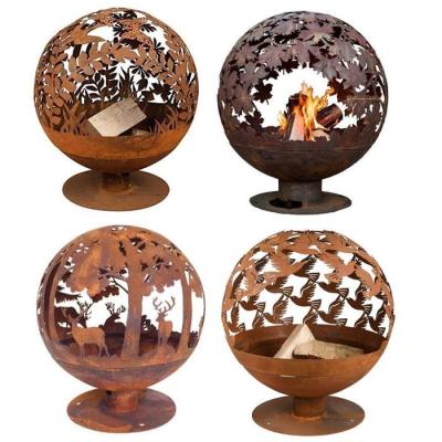 China Sphere Rustic Floral Style Corten Steel Fire Globe Fireplace For Portable Heater for sale