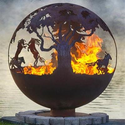 China Wildfire Horse Themed Outdoor Sphere Corten Steel Fire Pit 80cm 90cm for sale