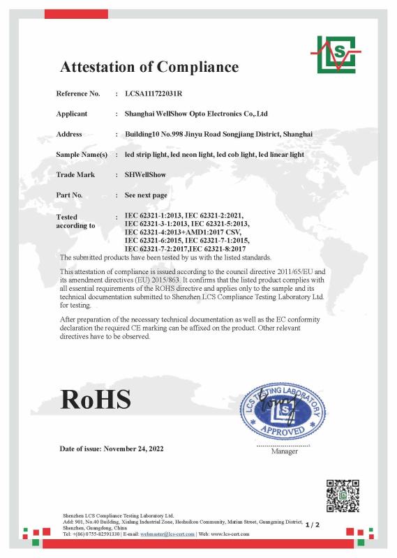 RoHS - Shanghai Wellshow Opto Electronics Co., Ltd. 1YRS
