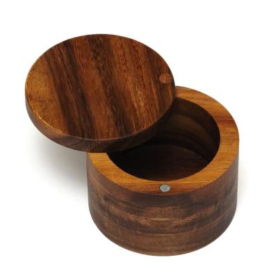 China Custom Bamboo Salt Box Logo Round Spices Storage Container Acacia Sustainable High Quality Wooden Box Salt Storage Box for sale