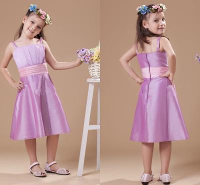 China Cute Pink Spaghetti Pleats Tea Length Flower Girl Dresses with Scalloped Neck for sale