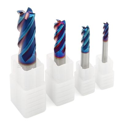 China 4 Flutes HRC65 4F Flat CNC Solid Carbide End Mill Nano Blue Square Flattened Endmill for sale
