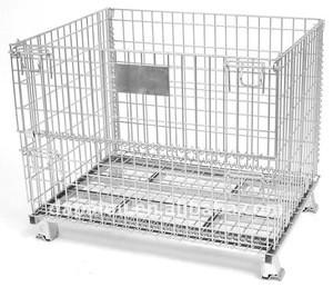 China Big Collapsible Wire Container With Castors , U Shape Foot Stackable Metal Baskets for sale