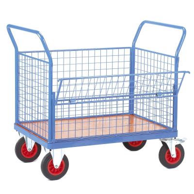 China 2 Handles Light Blue Wire Mesh Cart With Swivel Castors For Factory for sale
