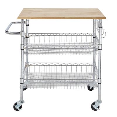 China Kitchen Organiser Wooden Top Metal Chrome Basket Shelf Wire Trolley Cart for sale