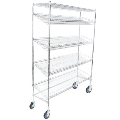 China 4 Slanted Home Wire Shelving / 1 Flat Shelf Mobile Merchandising Cart For Kitchen for sale