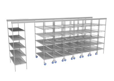 China Space Saving Top Track Mobile Wire Shelving With Plastic Storage Containers 86