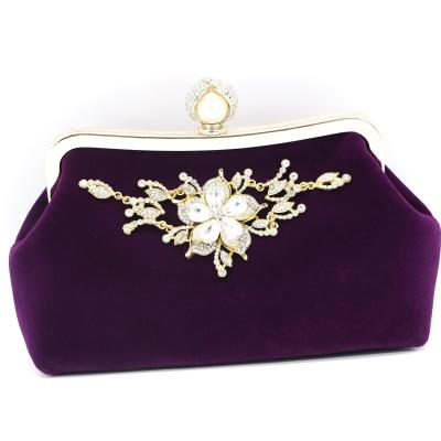 China Purple Velvet Fabric Evening Clutch Bag For Women Flora Diamond Decoration OEM for sale