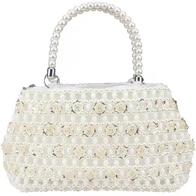 China White 6mm Pearl Clutch Handbag Hand Woven Gold Rose shape OEM ODM for sale