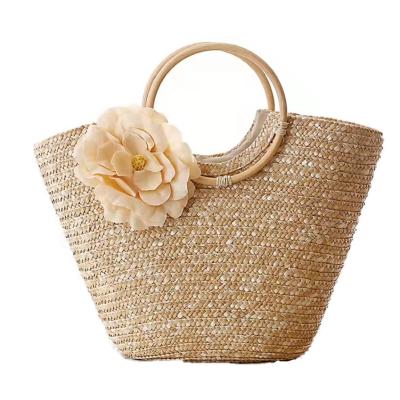 China Natural Straw Crochet Hand Bag Brown , Crochet Bag With Wooden Handles OEM for sale