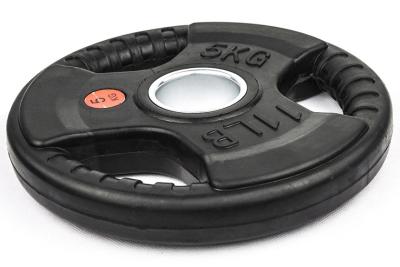 China OEM Tri Grip Three Holes Steel Weight Plate Rubber Coated Bumper Plates 5kgs for sale
