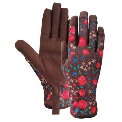 China Tight Fitting Gardening Work Gloves Synthetic Leather Spandex Floral Printing for sale