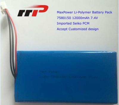 Chine capacité élevée de lithium de 7.4V 12000mAh 7580150 de batterie ultra mince de polymère à vendre