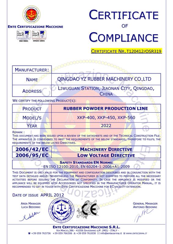 CE - QINGDAO SHENGHUALONG RUBBER MACHINERY CO.,LTD