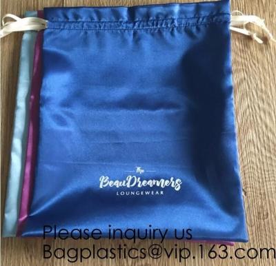 China Luxury Satin Handbag Dust Cover Bag,Dark Blue Thick Matt Satin Pouch With Ribbon,Satin Drawstring Bag For Bikini package for sale