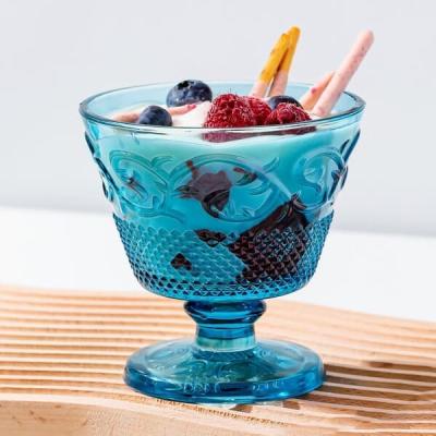 China Pressed 8oz Blue Glass Serving Bowls 230ml Colored Mini Glass Trifle Bowls for sale
