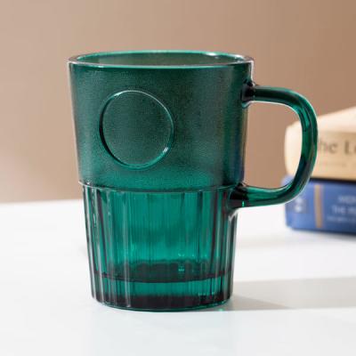 China 400ml Striped Glass Drinking Cups Green 14 Oz Glass Mug Lead Free Machine Pressed for sale