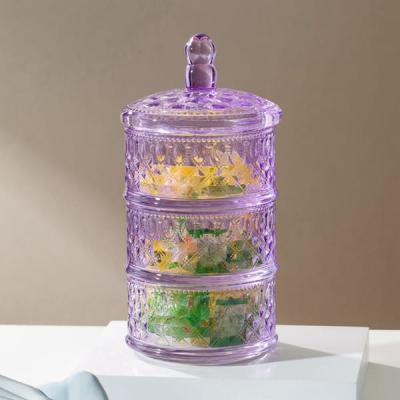 China Frasco de vidro claro de empilhamento roxo do armazenamento prato de vidro a três níveis dos doces de uma altura de 10 polegadas à venda