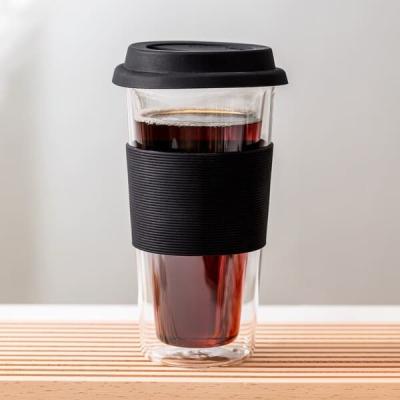 China 14oz Heat Resistant Double Wall Glass Tumblers 400ml With Silicone Lid And Sleeve for sale
