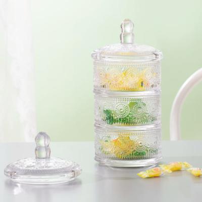 China Stackable Clear Glass Storage Jar 10 Inch 3 Tier Glass Candy Dish Machine Pressed for sale