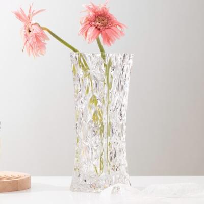 China 24cm Height Tall Square Glass Vases 22.5oz Machine Pressed Clear Crystal Vases for sale