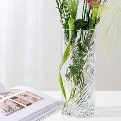 China Vasos de vidro dados forma claros gravados 24.8cm Crystal Cylinder Vase sem chumbo à venda