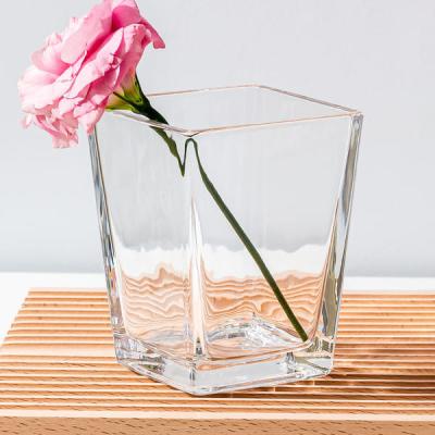 China Clear Home Decoration Glass Machine Made Square Tapered Glass Vases 4.65 Inch Tall for sale