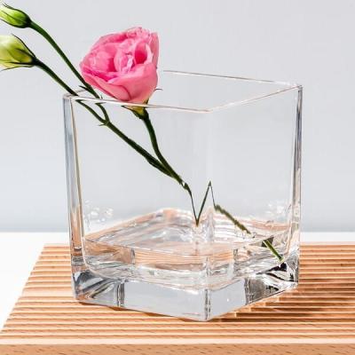 China 4x4 Inch Pressed Decorative Square Glass Vases Crystal Clear Glass Centerpiece for sale