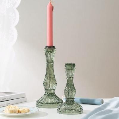 China Green Color Glass Candle Holder Taper Candlestick Machine Made for sale